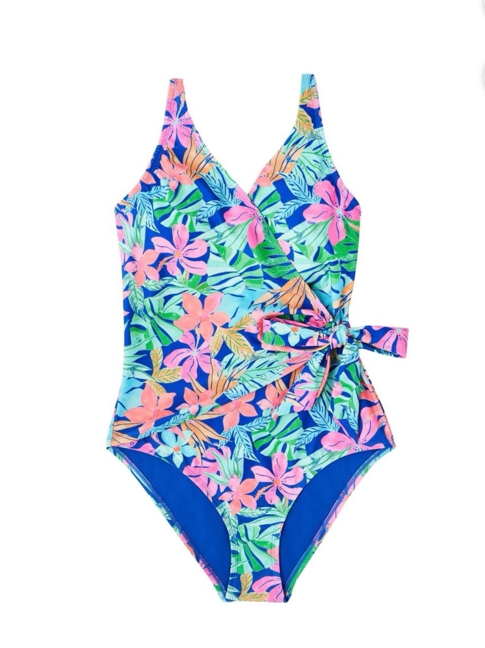 Bright Blue Floral Wrap Swimsuit with Side Tie. THE TIE OPENS & IS ADJUSTABLE!